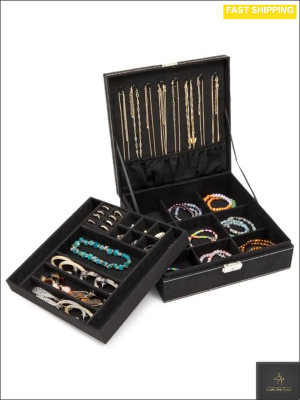 Velvet Jewelry Box 10.5x10.5x3.5 Locking 2-Layer Travel Organizer Earring